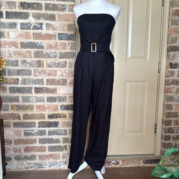 Monteau Black Strapless Jumpsuit Belted Linen Blend Wide-Leg Palazzo Style Sz M - Picture 1 of 13